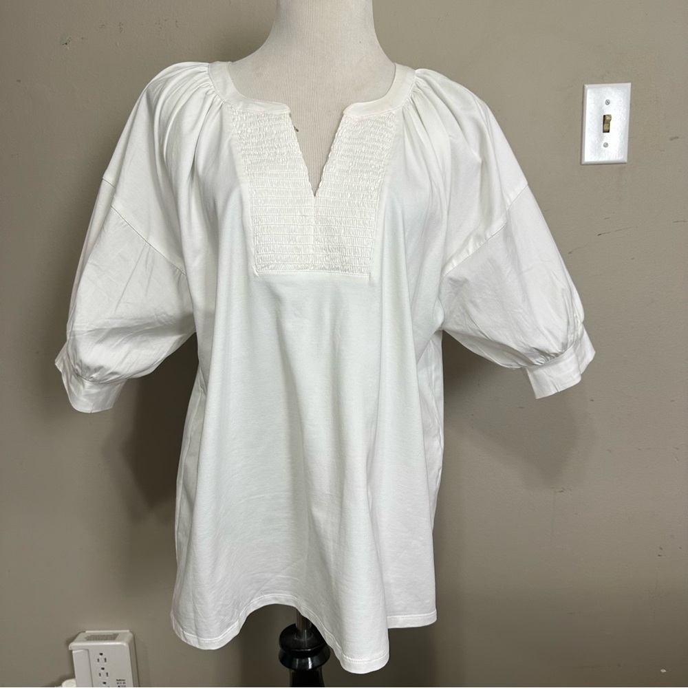 Chico’s size 3 (16) balloon, short sleeve blouse with smocked detail on front - Picture 2 of 12